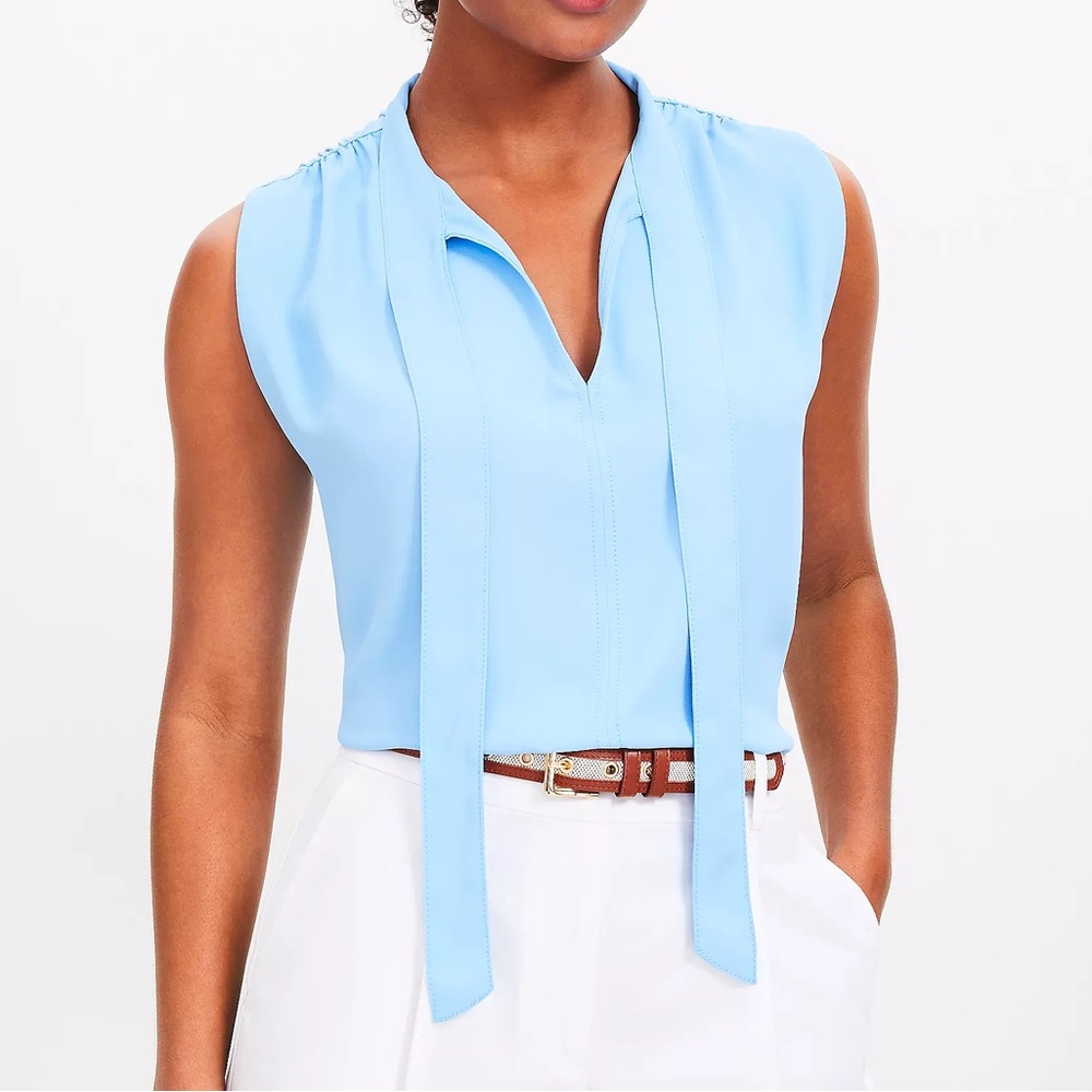 NEW LOFT Blue Sleeveless Tie Front Mixed Media Blouse XXSP FITS XS